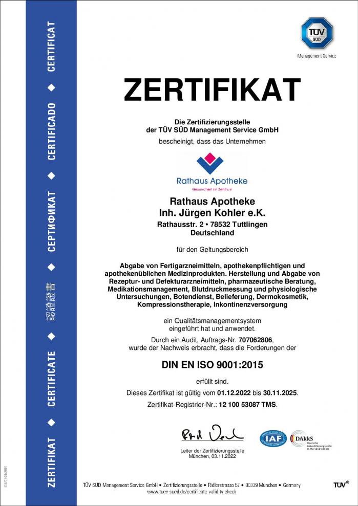 ISO Zertifizierung Rathaus Apotheke Tuttlingen