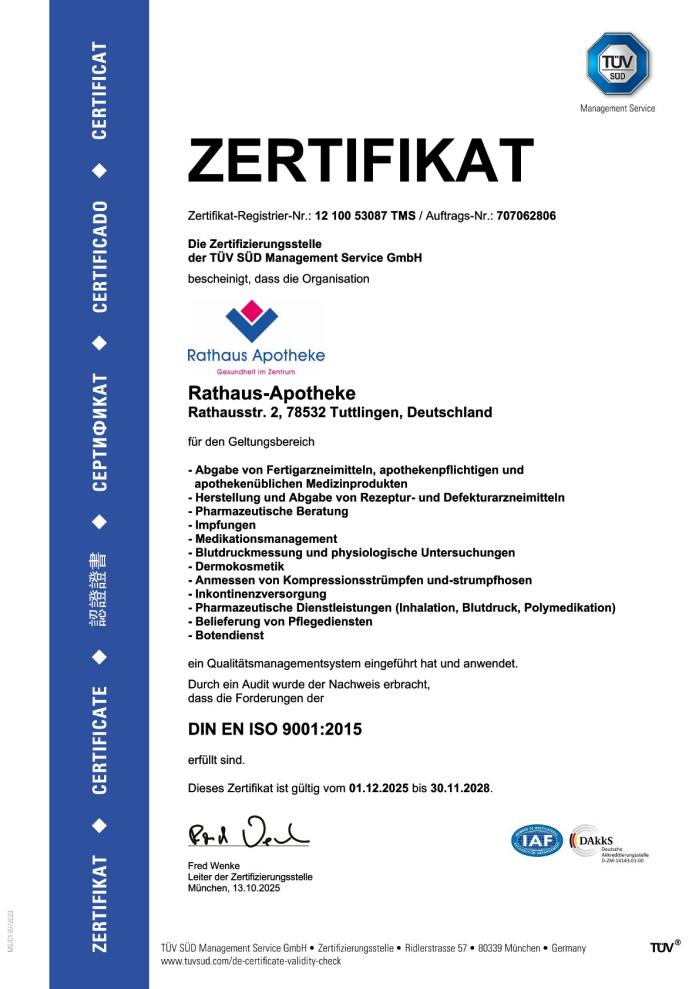 ISO Zertifizierung Rathaus Apotheke Tuttlingen